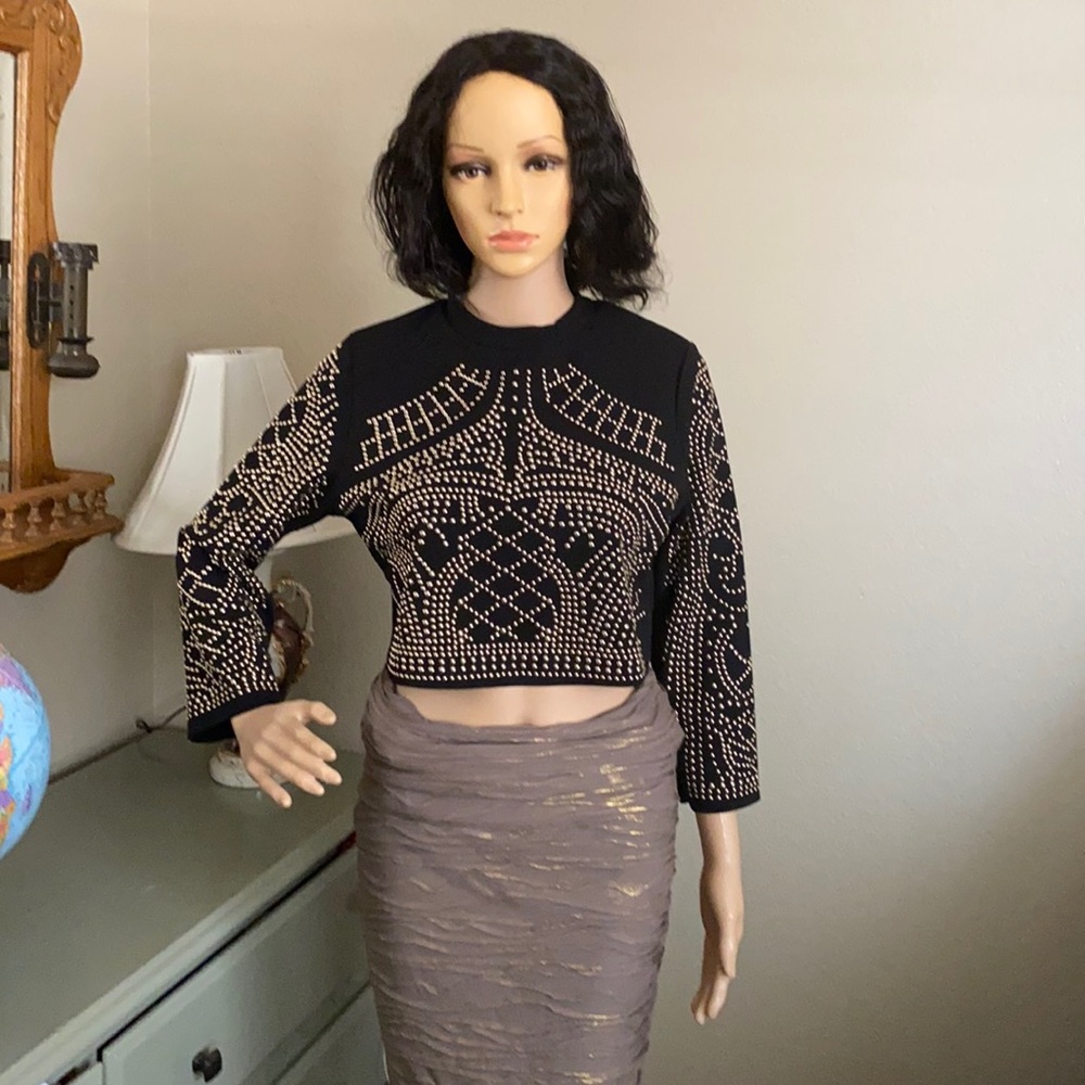 Embellished long sleeves black crop top size L